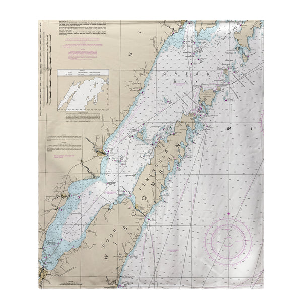 Door County, Green Bay, WI Nautical Map Nautical Map Fleece Throw