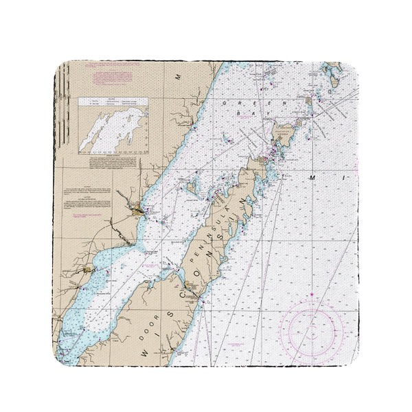 Door County, Green Bay, WI Nautical Map Coaster Set of 4