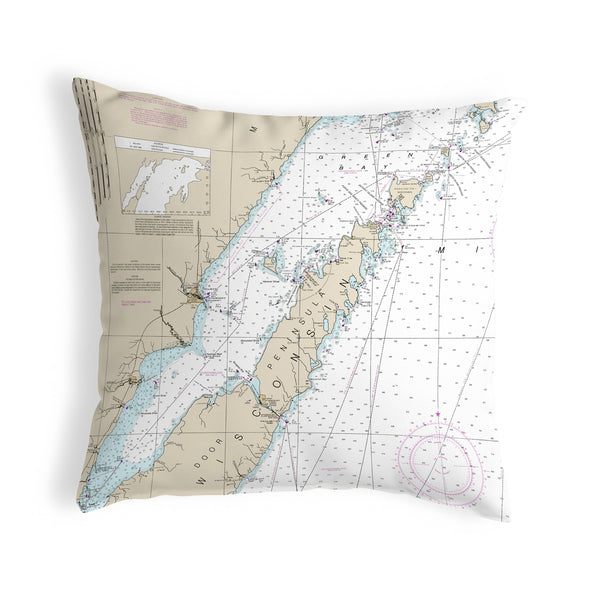 Door County, Green Bay, WI Nautical Map Noncorded Indoor/Outdoor Pillow